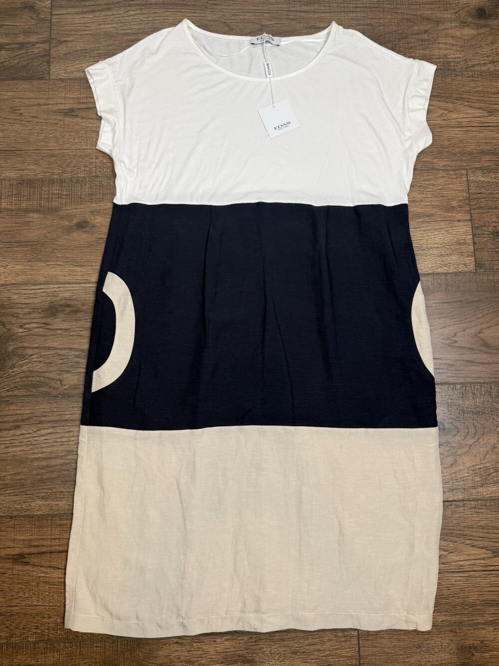 EDAS Italy Shift Dress Short Sleeve Linen Blend White Blue Women's Sz 16 NWT